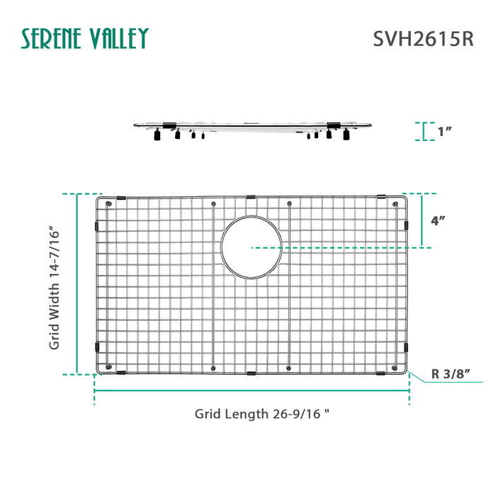 Serene Valley Sink Bottom Grid 26-9/16" X 14-7/16", Rear Drain with Corner Radius 3/8", Sink Protector SVH2615R