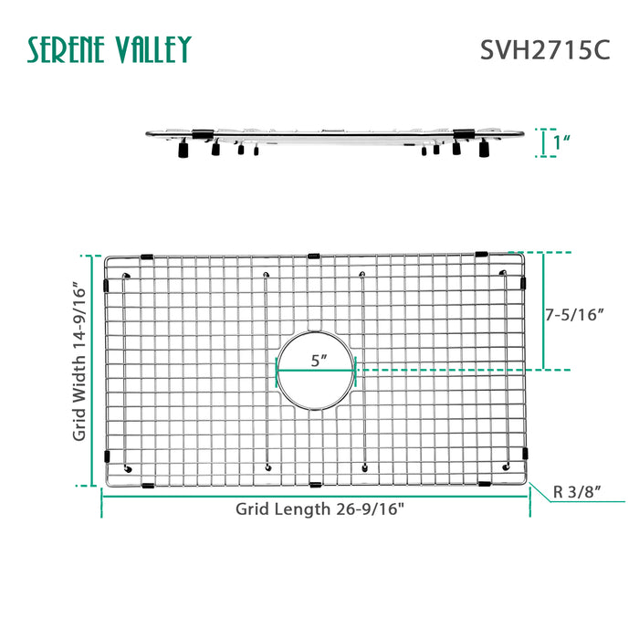 Serene Valley Sink Bottom Grid 26-9/16" X 14-7/16", Centered Drain with Corner Radius 3/8", Sink Protector SVH2715C
