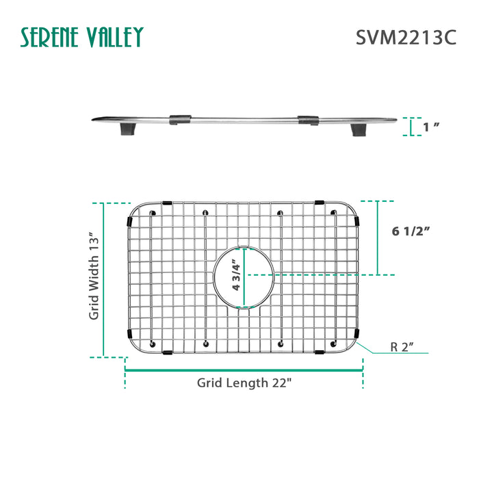 Serene Valley Sink Bottom Grid 22" X 13", Centered Drain with Corner Radius 2", SVM2213C