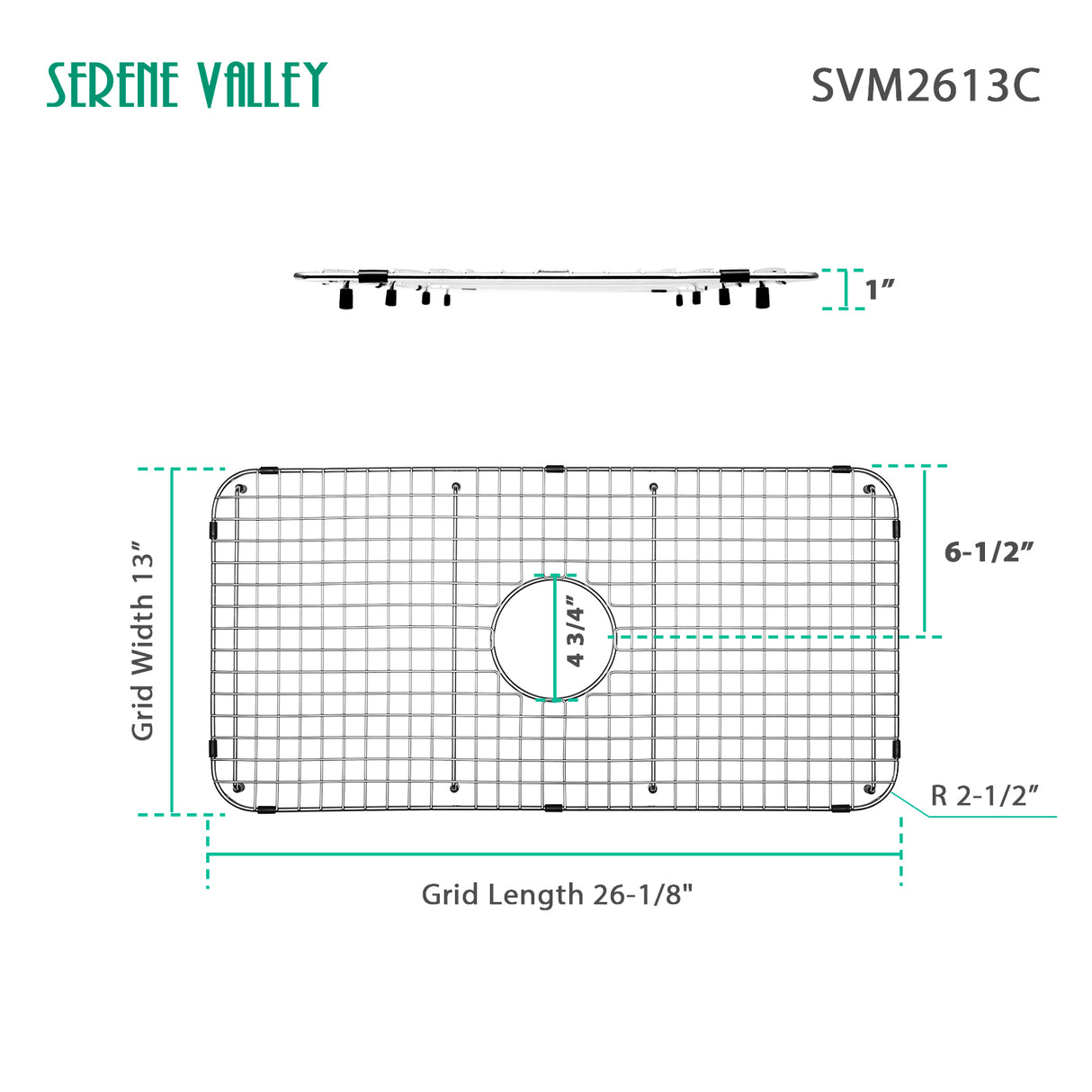 Serene Valley Sink Grid 26-1/8" X 13", Centered Drain with Corner Radius 2-1/2", SVM2613C