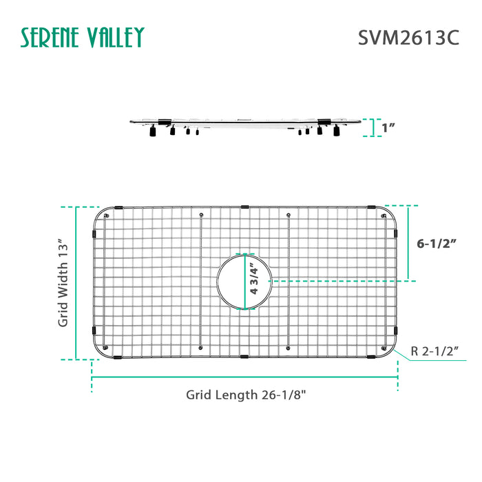 Serene Valley Sink Grid 26-1/8" X 13", Centered Drain with Corner Radius 2-1/2", SVM2613C