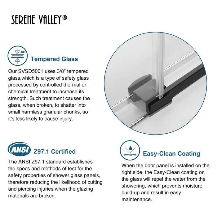 Serene Valley SVSD5001-4874MB Big Roller Frameless Sliding Shower Door - Superclear 3/8" Tempered Glass - 304 Stainless Steel Hardware in Matte Black 44"- 48"W x 74"H