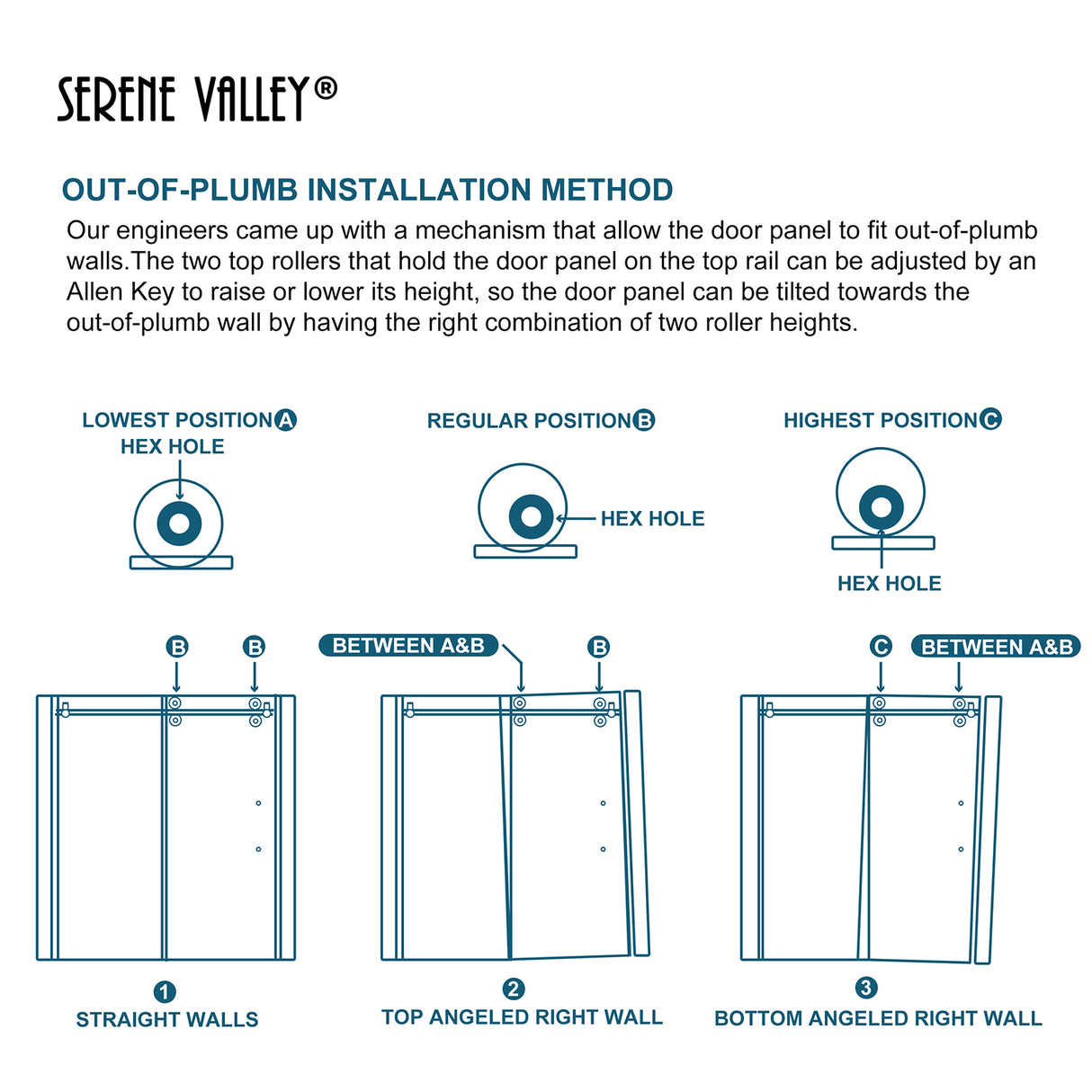 Serene Valley SVSD5001-6074BN Big Roller Frameless Sliding Shower Door - Superclear 3/8" Tempered Glass - 304 Stainless Steel Hardware in Brushed Nickel 56"- 60"W x 74"H