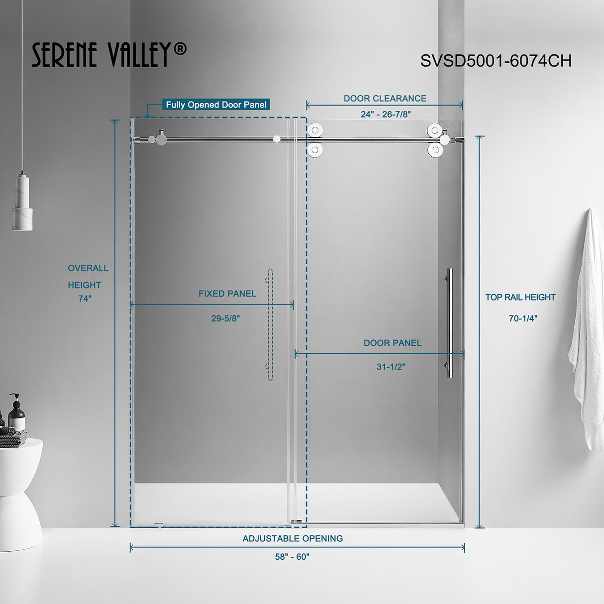 Serene Valley SVSD5001-6074CH Big Roller Frameless Sliding Shower Door - Superclear 3/8" Tempered Glass - 304 Stainless Steel Hardware in Chrome 56"- 60"W x 74"H