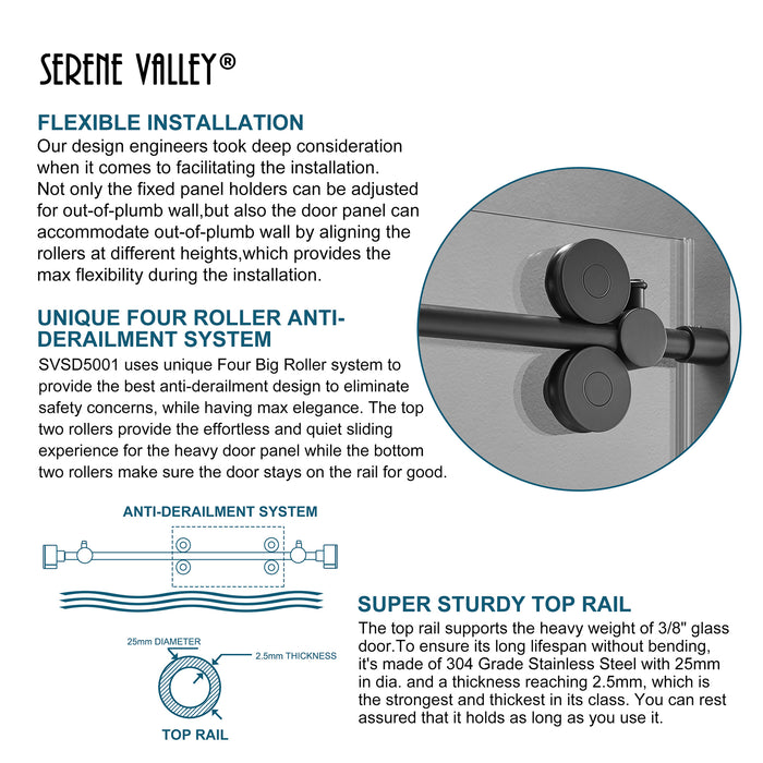 Serene Valley SVSD5001-6074MB Big Roller Frameless Sliding Shower Door - Superclear 3/8" Tempered Glass - 304 Stainless Steel Hardware in Matte Black 56"- 60"W x 74"H