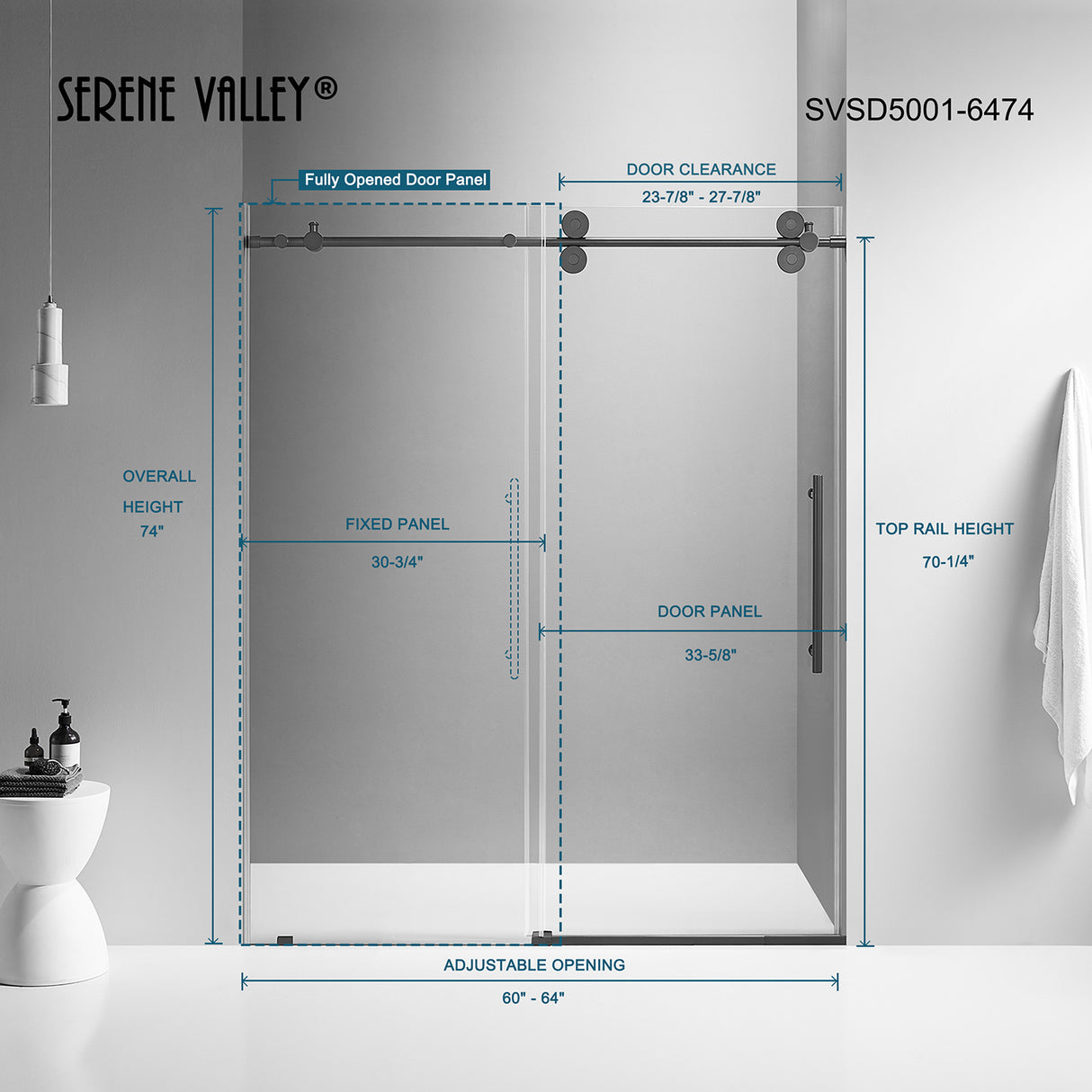 Serene Valley SVSD5001-6474MB Big Roller Frameless Sliding Shower Door - Superclear 3/8" Tempered Glass - 304 Stainless Steel Hardware in Matte Black 60"- 64"W x 74"H