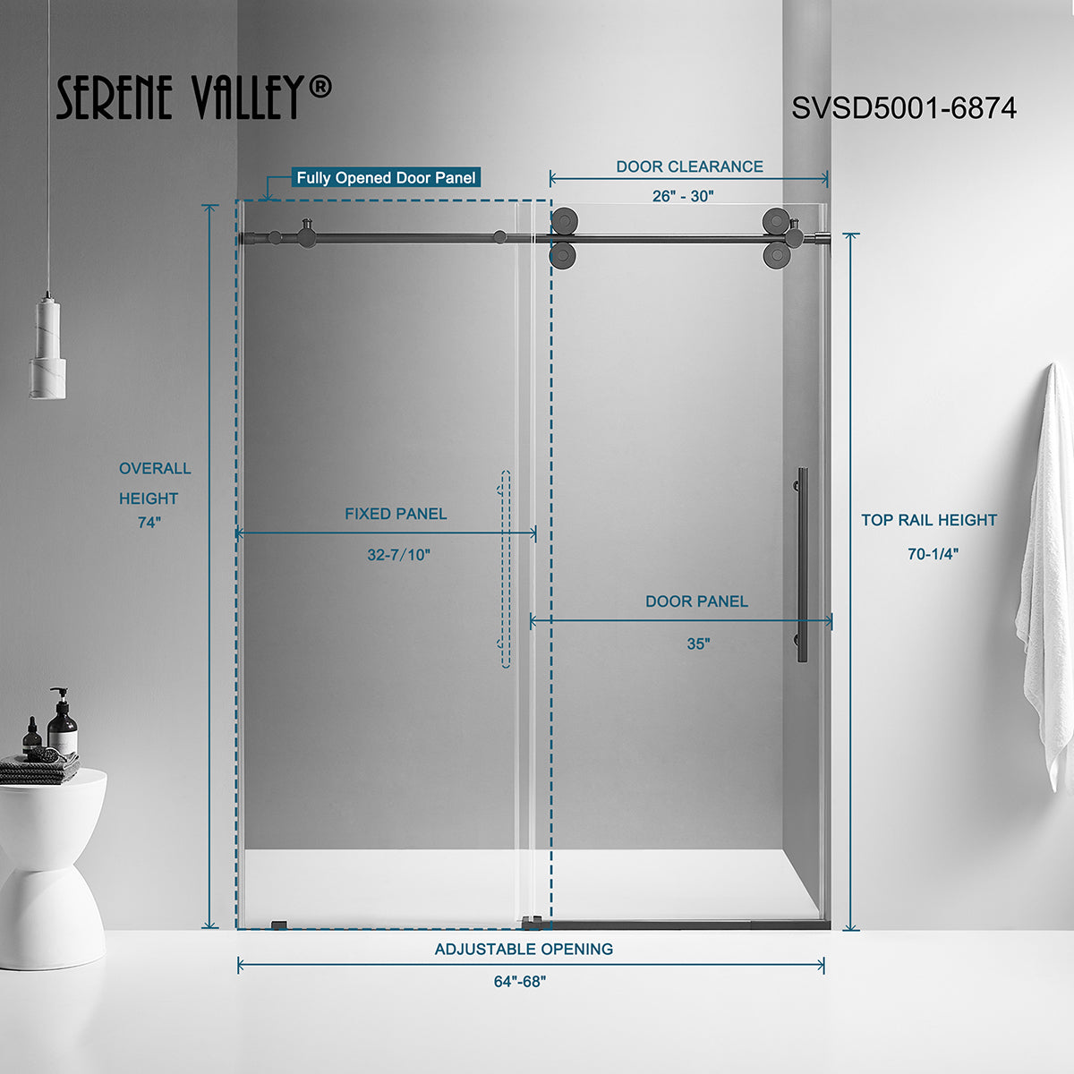 Serene Valley SVSD5001-6874MB Big Roller Frameless Sliding Shower Door - Superclear 3/8" Tempered Glass - 304 Stainless Steel Hardware in Matte Black 64"- 68"W x 74"H