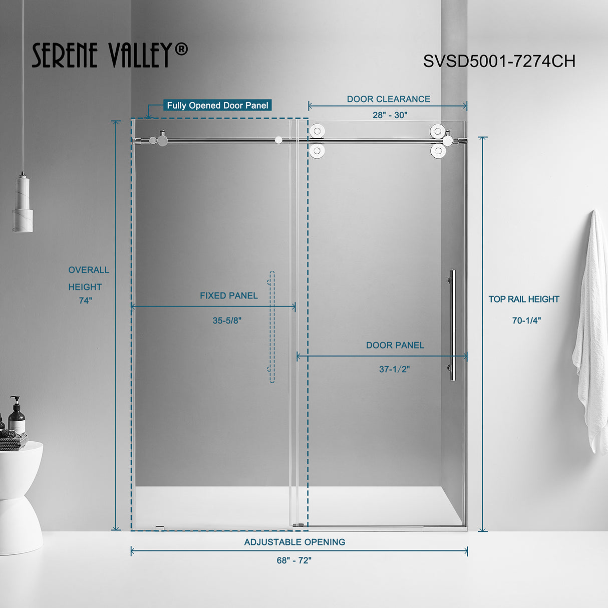 Serene Valley SVSD5001-7274CH Big Roller Frameless Sliding Shower Door - Superclear 3/8" Tempered Glass - 304 Stainless Steel Hardware in Chrome 68"- 72"W x 74"H