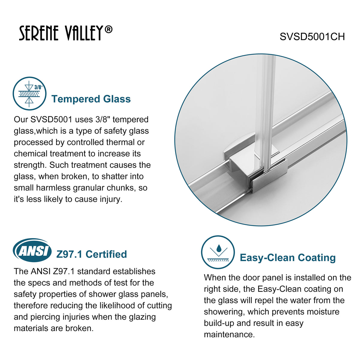 Serene Valley SVSD5001-6074CH Big Roller Frameless Sliding Shower Door - Superclear 3/8" Tempered Glass - 304 Stainless Steel Hardware in Chrome 56"- 60"W x 74"H