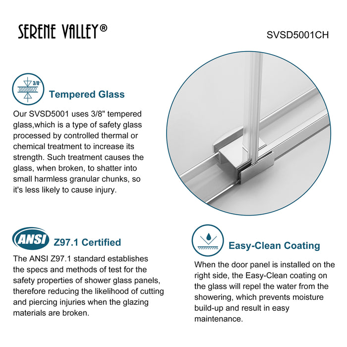 Serene Valley SVSD5001-6074CH Big Roller Frameless Sliding Shower Door - Superclear 3/8" Tempered Glass - 304 Stainless Steel Hardware in Chrome 56"- 60"W x 74"H