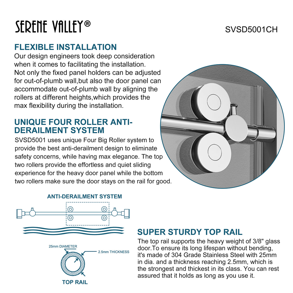 Serene Valley SVSD5001-7274CH Big Roller Frameless Sliding Shower Door - Superclear 3/8" Tempered Glass - 304 Stainless Steel Hardware in Chrome 68"- 72"W x 74"H