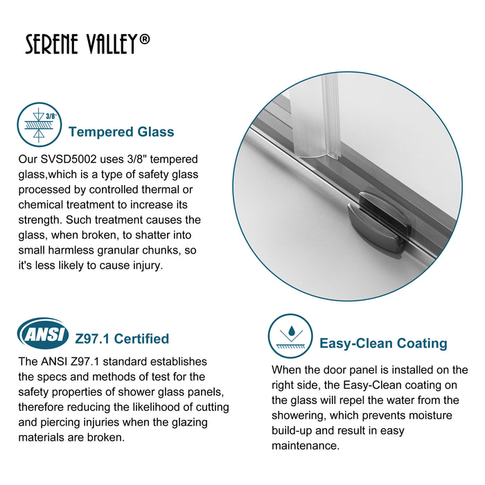 Serene Valley SVSD5002-5276MB Big Roller Frameless Sliding Shower Door - Superclear 3/8" Tempered Glass - 304 Stainless Steel Hardware in Matte Black 48"- 52"W x 76"H