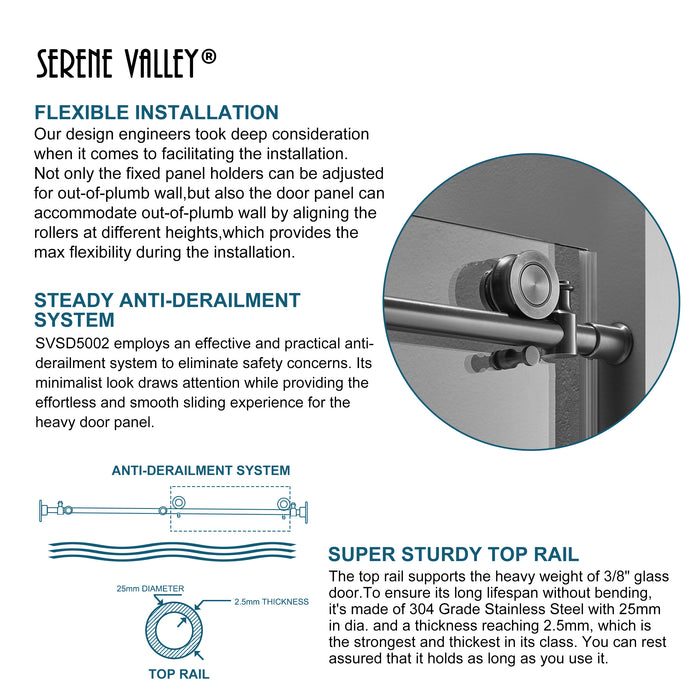 Serene Valley SVSD5002-5676MB Big Roller Frameless Sliding Shower Door - Superclear 3/8" Tempered Glass - 304 Stainless Steel Hardware in Matte Black 52"- 56"W x 76"H