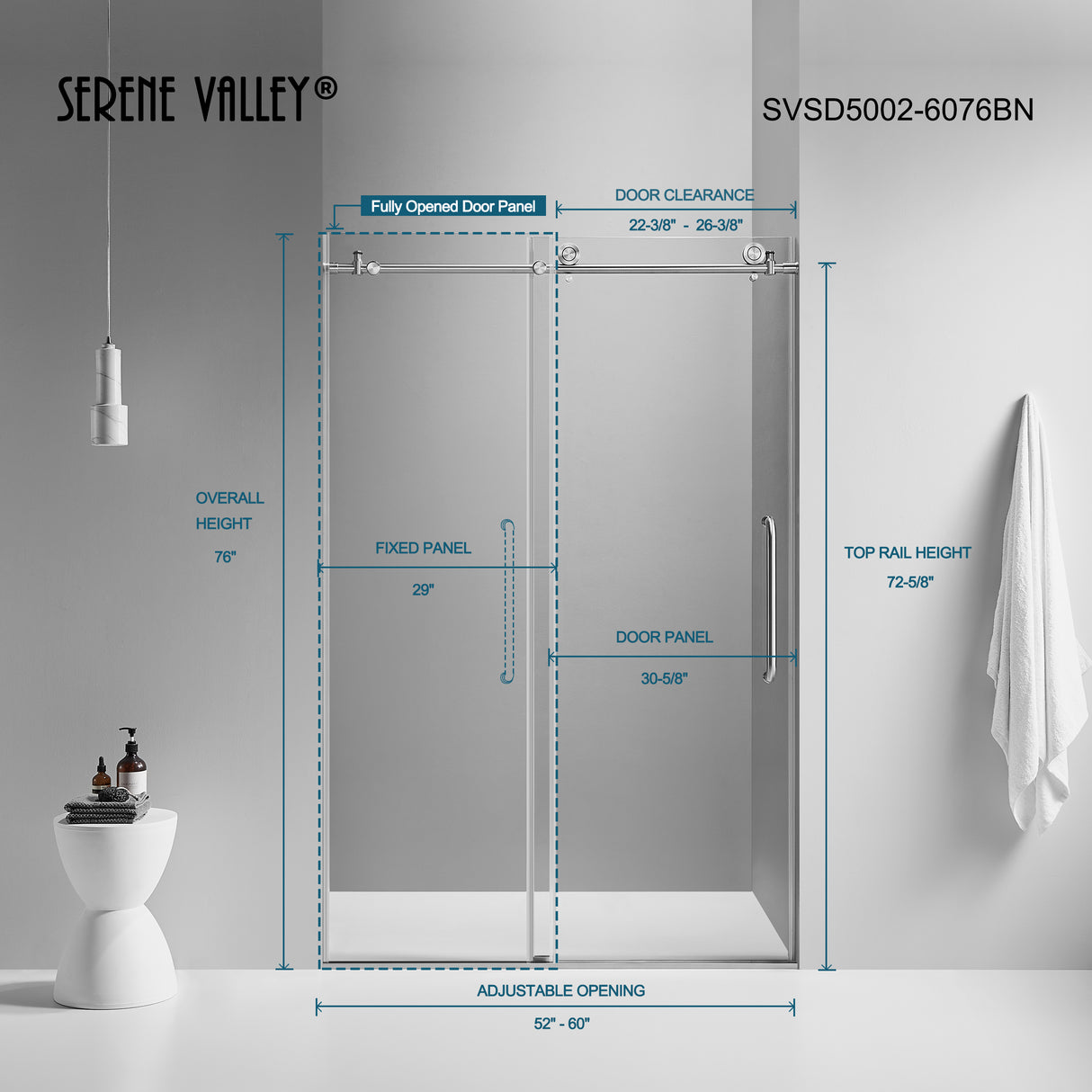 Serene Valley SVSD5002-6076BN Big Roller Frameless Sliding Shower Door - Superclear 3/8" Tempered Glass - 304 Stainless Steel Hardware in Brushed Nickel 56"- 60"W x 76"H