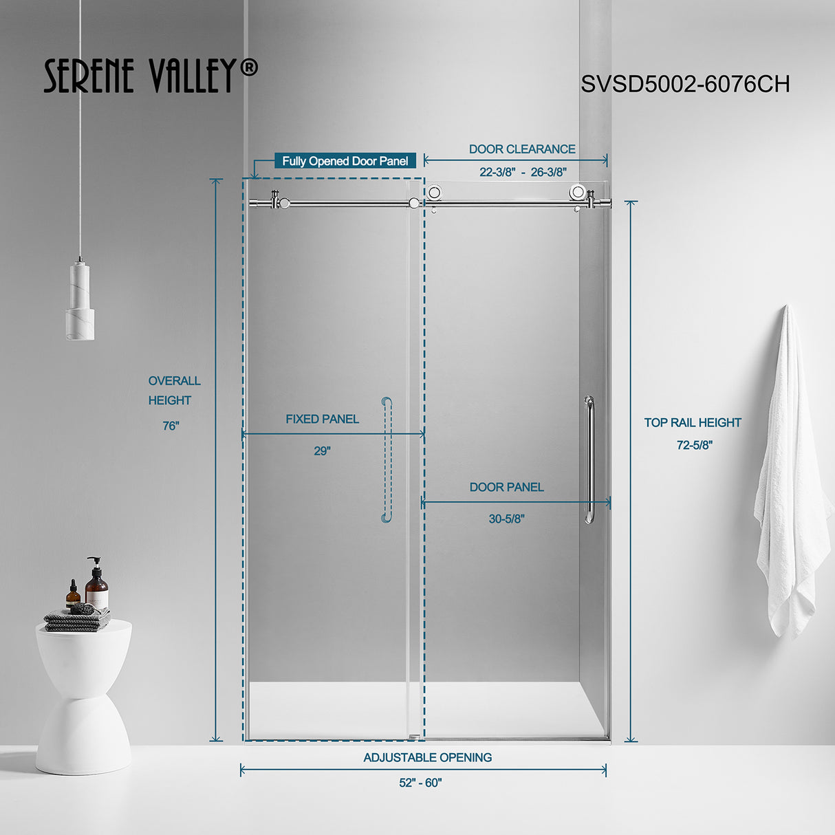 Serene Valley SVSD5002-6076CH Big Roller Frameless Sliding Shower Door - Superclear 3/8" Tempered Glass - 304 Stainless Steel Hardware in Chrome 56"- 60"W x 76"H