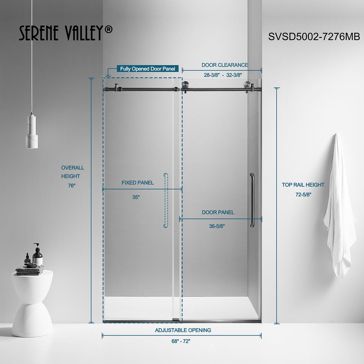 Serene Valley SVSD5002-7276MB Big Roller Frameless Sliding Shower Door - Superclear 3/8" Tempered Glass - 304 Stainless Steel Hardware in Matte Black 68"- 72"W x 76"H