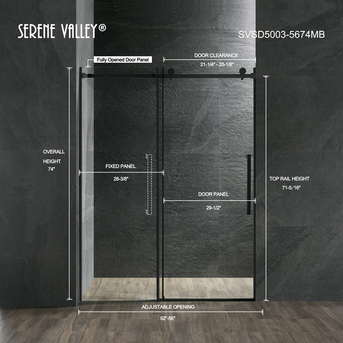 Serene Valley Square Rail Frameless Sliding Shower Door SVSD5003-5674MB, Easy-Clean Coating 3/8" Tempered Glass - 304 Stainless Steel Hardware in Matte Black 52"- 56"W x 74"H
