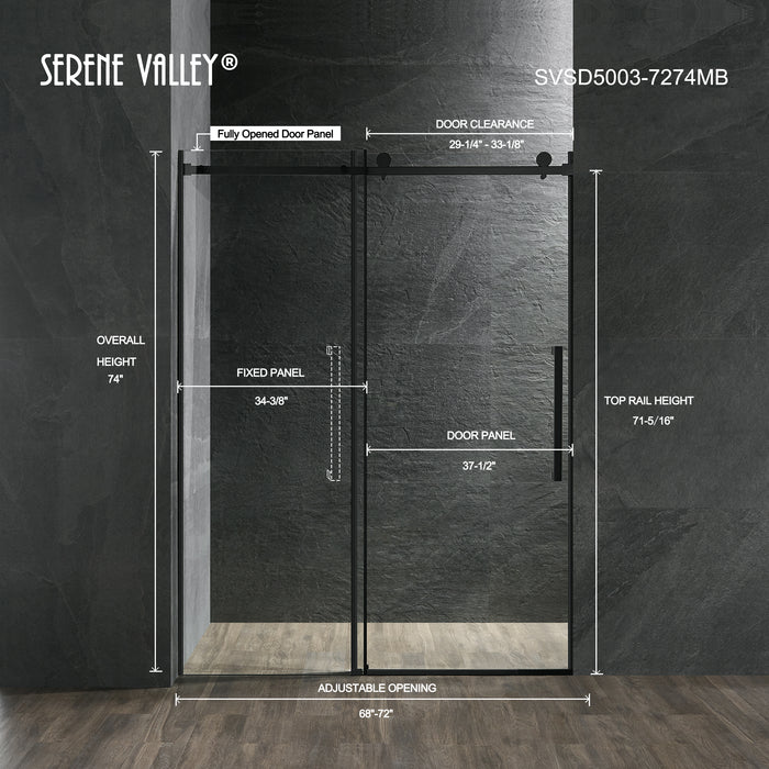 Serene Valley Square Rail Frameless Sliding Shower Door SVSD5003-7274MB, Easy-Clean Coating 3/8" Tempered Glass - 304 Stainless Steel Hardware in Matte Black 68"- 72"W x 74"H