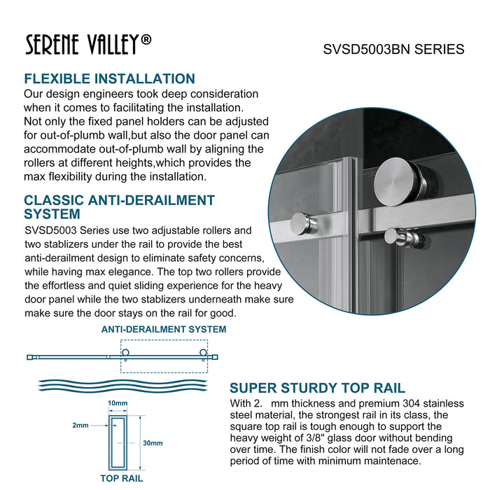 Serene Valley Square Rail Frameless Sliding Shower Door SVSD5003-7274BN, Easy-Clean Coating 3/8" Tempered Glass - 304 Stainless Steel Hardware in Brushed Nickel 68"- 72"W x 74"H