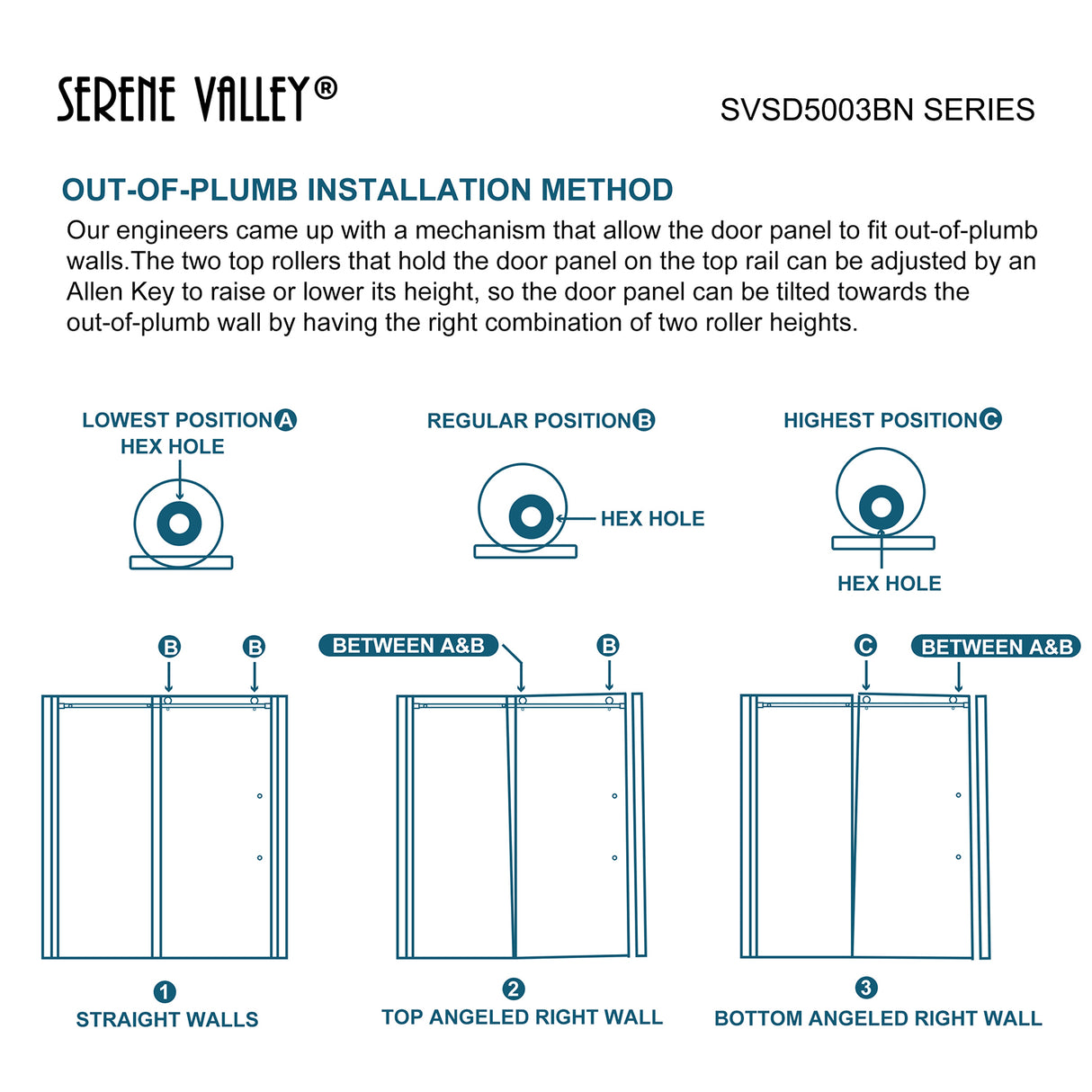 Serene Valley Square Rail Frameless Sliding Shower Door SVSD5003-6074BN, Easy-Clean Coating 3/8" Tempered Glass - 304 Stainless Steel Hardware in Brushed Nickel 56"- 60"W x 74"H