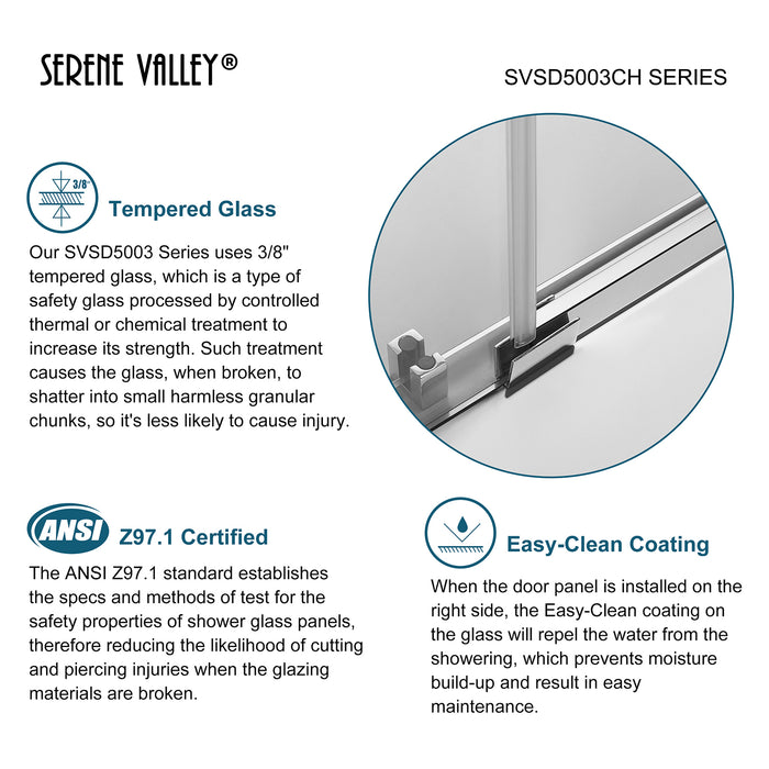 Serene Valley Square Rail Frameless Sliding Shower Door SVSD5003-7274CH, Easy-Clean Coating 3/8" Tempered Glass - 304 Stainless Steel Hardware in Chrome 68"- 72"W x 74"H