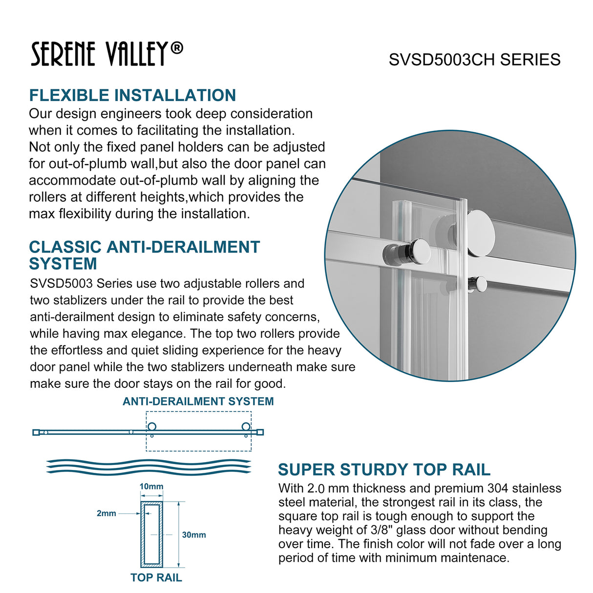 Serene Valley Square Rail Frameless Sliding Shower Door SVSD5003-6074CH, Easy-Clean Coating 3/8" Tempered Glass - 304 Stainless Steel Hardware in Chrome 56"- 60"W x 74"H