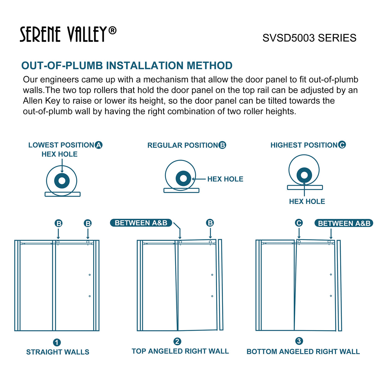 Serene Valley Square Rail Frameless Sliding Shower Door SVSD5003-6074CH, Easy-Clean Coating 3/8" Tempered Glass - 304 Stainless Steel Hardware in Chrome 56"- 60"W x 74"H