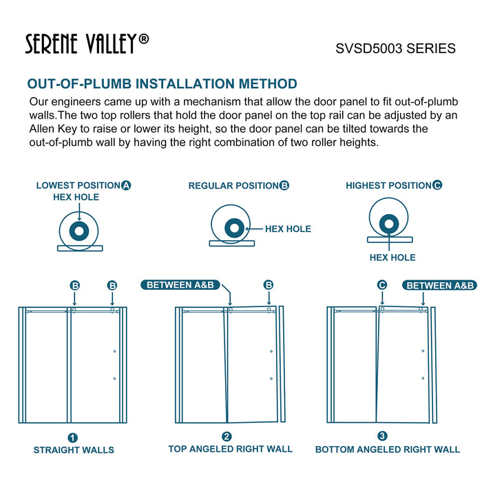 Serene Valley Square Rail Frameless Sliding Shower Door SVSD5003-6074CH, Easy-Clean Coating 3/8" Tempered Glass - 304 Stainless Steel Hardware in Chrome 56"- 60"W x 74"H
