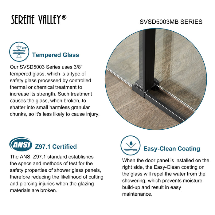 Serene Valley Square Rail Frameless Sliding Shower Door SVSD5003-5674MB, Easy-Clean Coating 3/8" Tempered Glass - 304 Stainless Steel Hardware in Matte Black 52"- 56"W x 74"H
