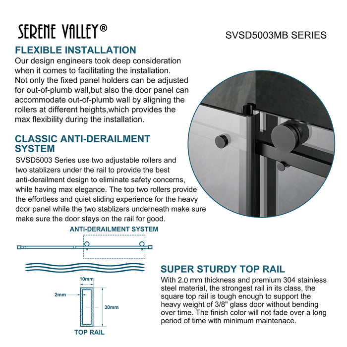 Serene Valley Square Rail Frameless Sliding Shower Door SVSD5003-6074MB, Easy-Clean Coating 3/8" Tempered Glass - 304 Stainless Steel Hardware in Matte Black 56"- 60"W x 74"H