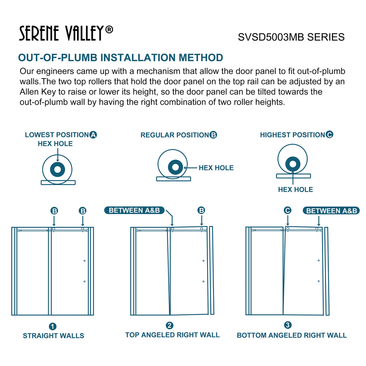 Serene Valley Square Rail Frameless Sliding Shower Door SVSD5003-5674MB, Easy-Clean Coating 3/8" Tempered Glass - 304 Stainless Steel Hardware in Matte Black 52"- 56"W x 74"H