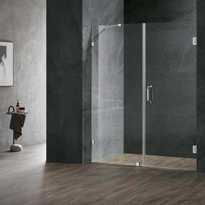 Serene Valley Frameless Hinged Shower Door with Inline Panel SVSD5004-5972CH, 3/8" Tempered Glass with Easy-Clean Coating, 304 Stainless Steel Hardware in Chrome 59"W x 72"H