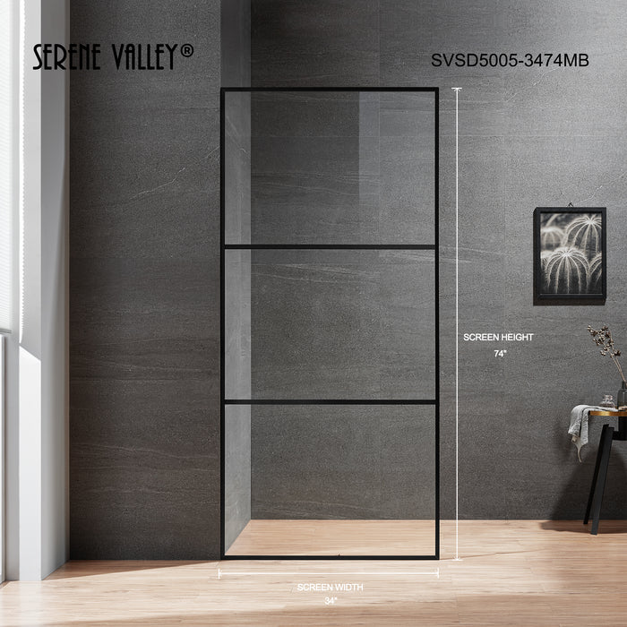 Serene Valley Stand-Alone Shower Screen SVSD5005-3474MB, 3/8" Tempered Glass with Easy-Clean Coating, Premium 304 Stainless Steel Construction with Reversible Installation, Matte Black Finish