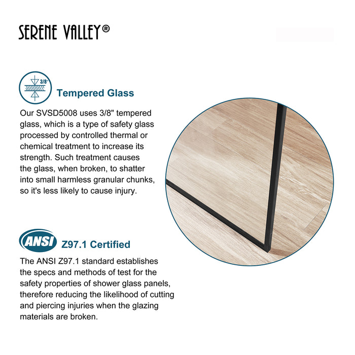 Serene Valley Stand-Alone Shower Screen SVSD5006-3474MB, 3/8" Tempered Glass with Easy-Clean Coating, Premium 304 Stainless Steel Construction with Reversible Installation, Matte Black Finish