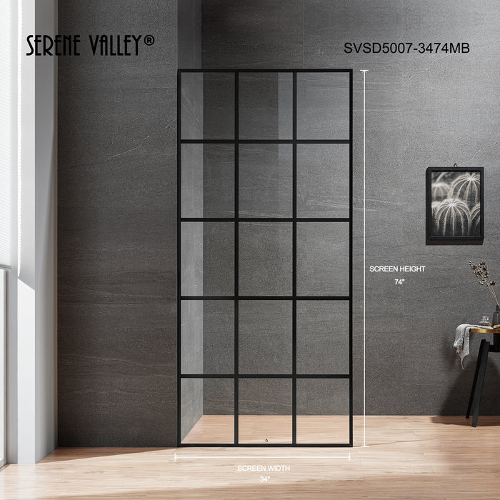 Serene Valley Stand-Alone Shower Screen SVSD5007-3474MB, 3/8" Tempered Glass with Easy-Clean Coating, Premium 304 Stainless Steel Construction with Reversible Installation, Matte Black Finish
