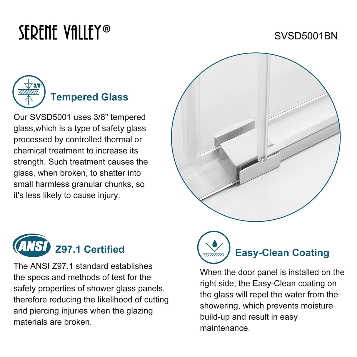 Serene Valley SVSD5001-7274BN Big Roller Frameless Sliding Shower Door - Superclear 3/8" Tempered Glass - 304 Stainless Steel Hardware in Brushed Nickel 68"- 72"W x 74"H