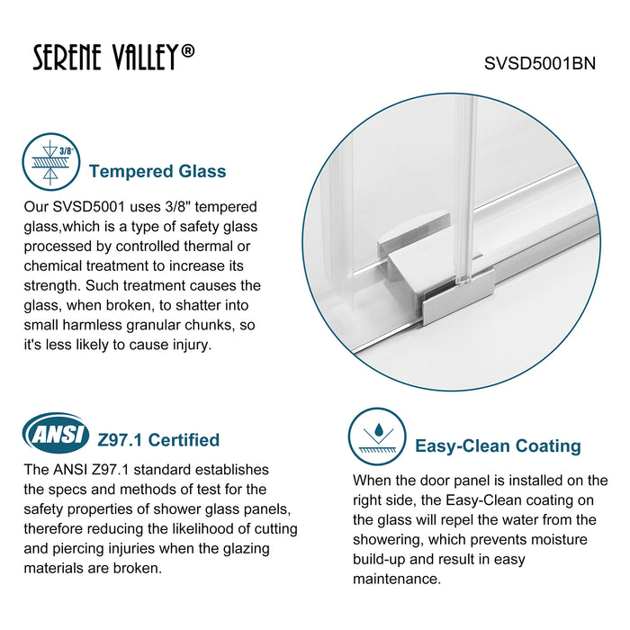 Serene Valley SVSD5001-6074BN Big Roller Frameless Sliding Shower Door - Superclear 3/8" Tempered Glass - 304 Stainless Steel Hardware in Brushed Nickel 56"- 60"W x 74"H