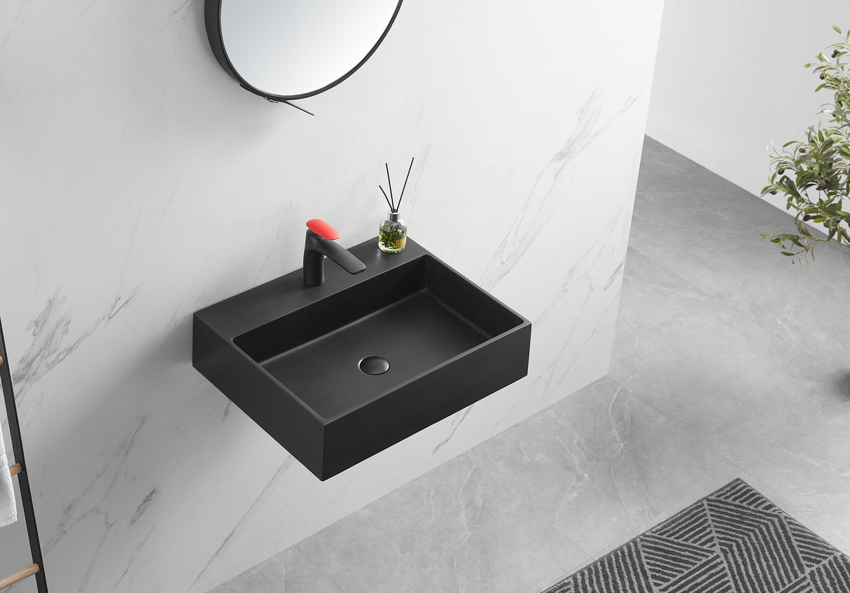 Bathroom sink, Wall-Mount or Countertop Install, 24" Composite Material in Matte Black with Single Faucet Hole， SVWS601-26BK