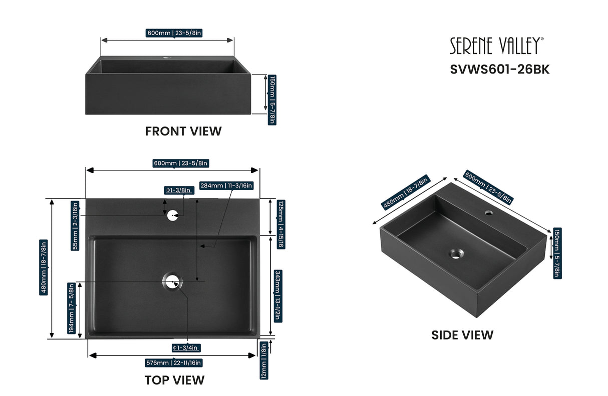 Bathroom sink, Wall-Mount or Countertop Install, 24" Composite Material in Matte Black with Single Faucet Hole， SVWS601-26BK