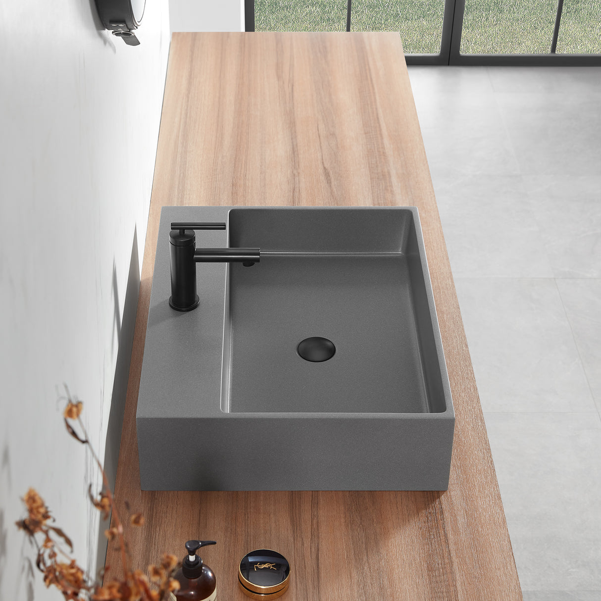 Bathroom sink, Wall-Mount or Countertop Install, 24" Composite Material in Matte Gray with Single Faucet Hole， SVWS601-26GR