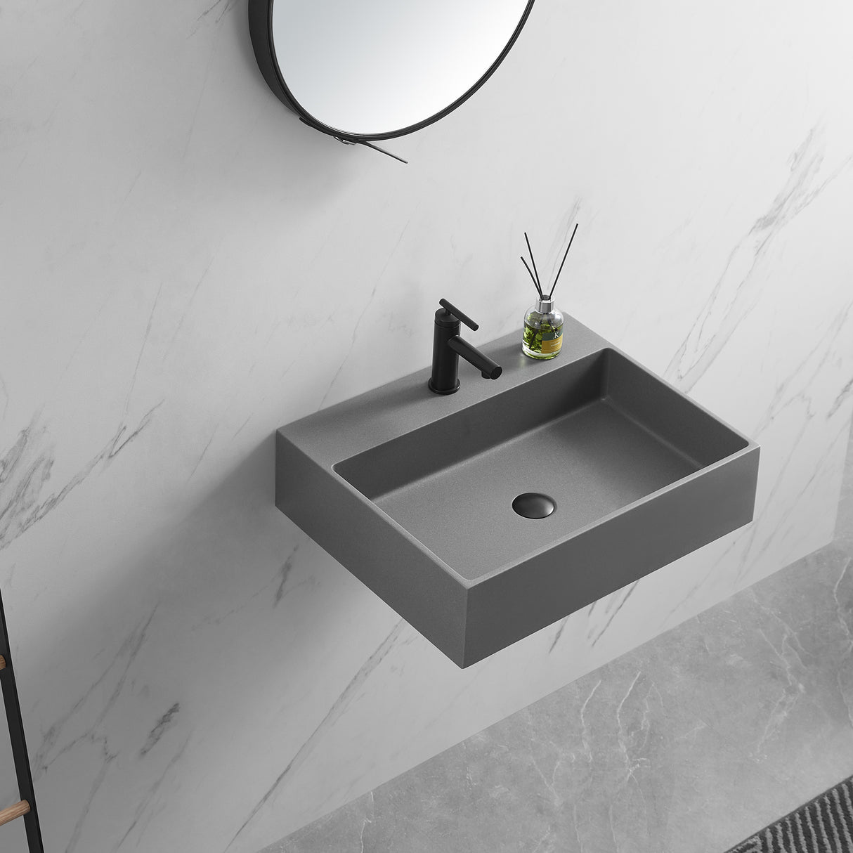 Bathroom sink, Wall-Mount or Countertop Install, 24" Composite Material in Matte Gray with Single Faucet Hole， SVWS601-26GR