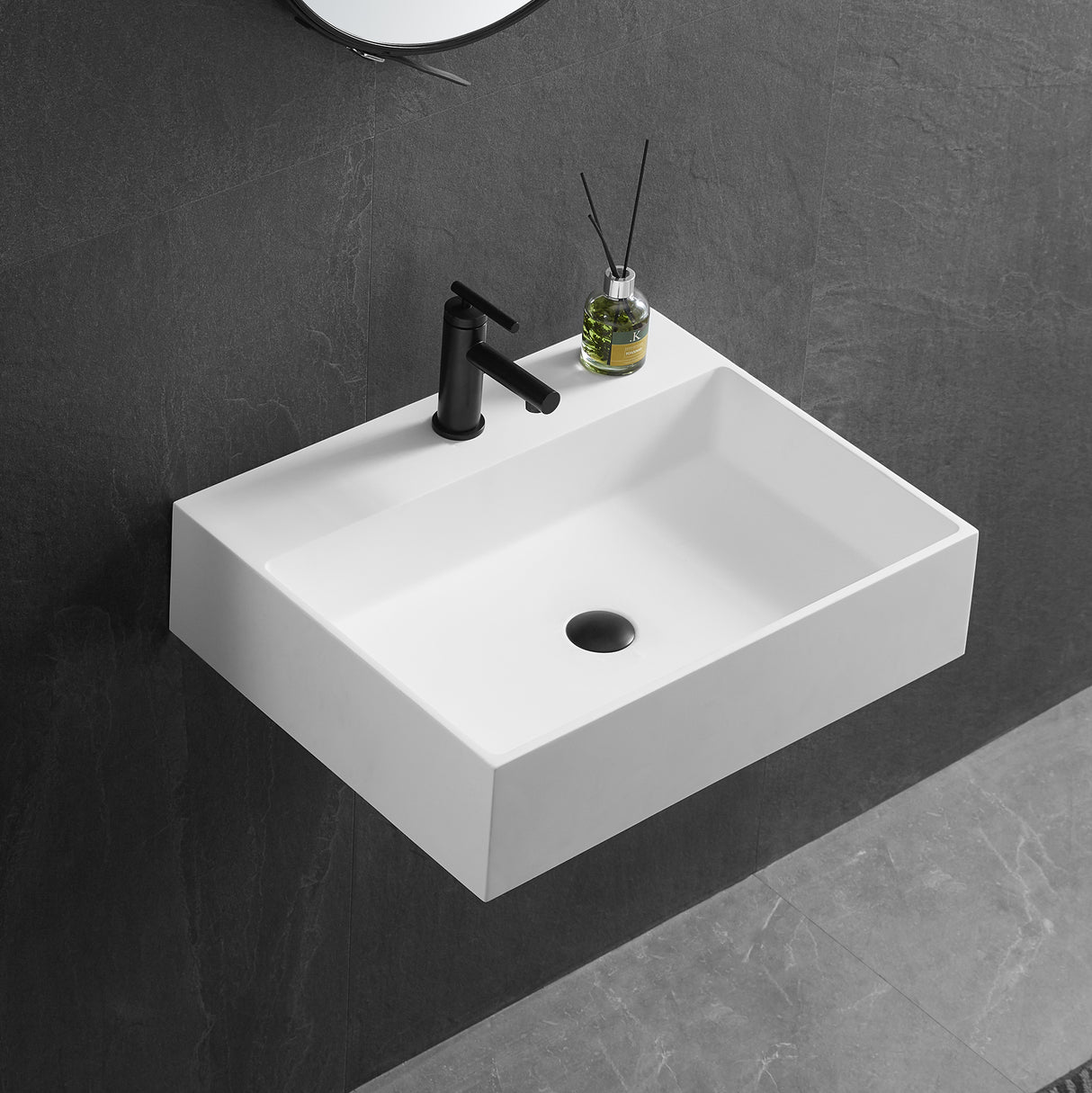 Bathroom sink, Wall-Mount or Countertop Install, 24" Solid Surface in Matte White with Single Faucet Hole， SVWS601-26WH