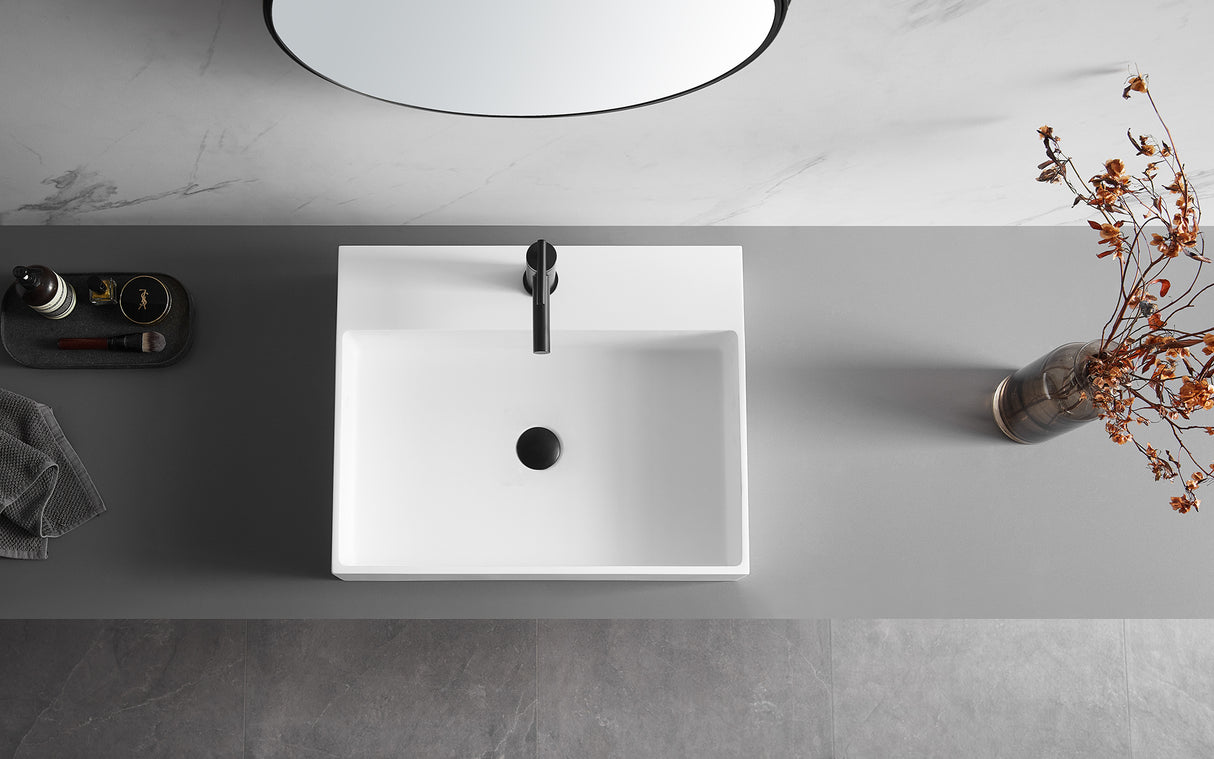 Bathroom sink, Wall-Mount or Countertop Install, 24" Solid Surface in Matte White with Single Faucet Hole， SVWS601-26WH