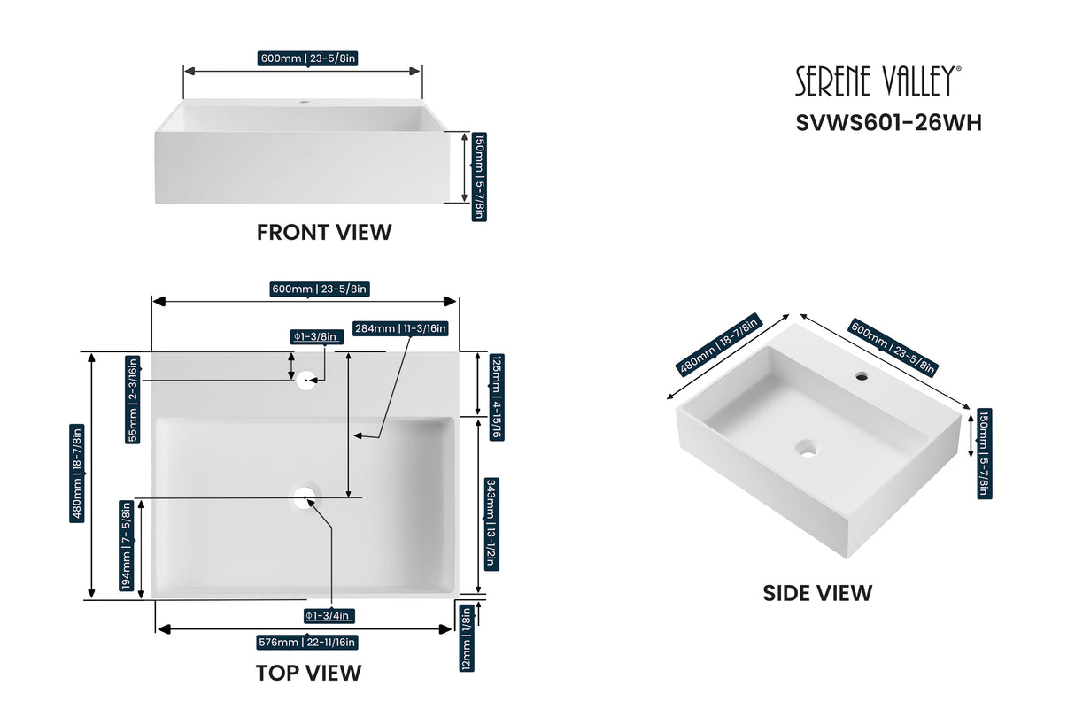 Bathroom sink, Wall-Mount or Countertop Install, 24" Solid Surface in Matte White with Single Faucet Hole， SVWS601-26WH