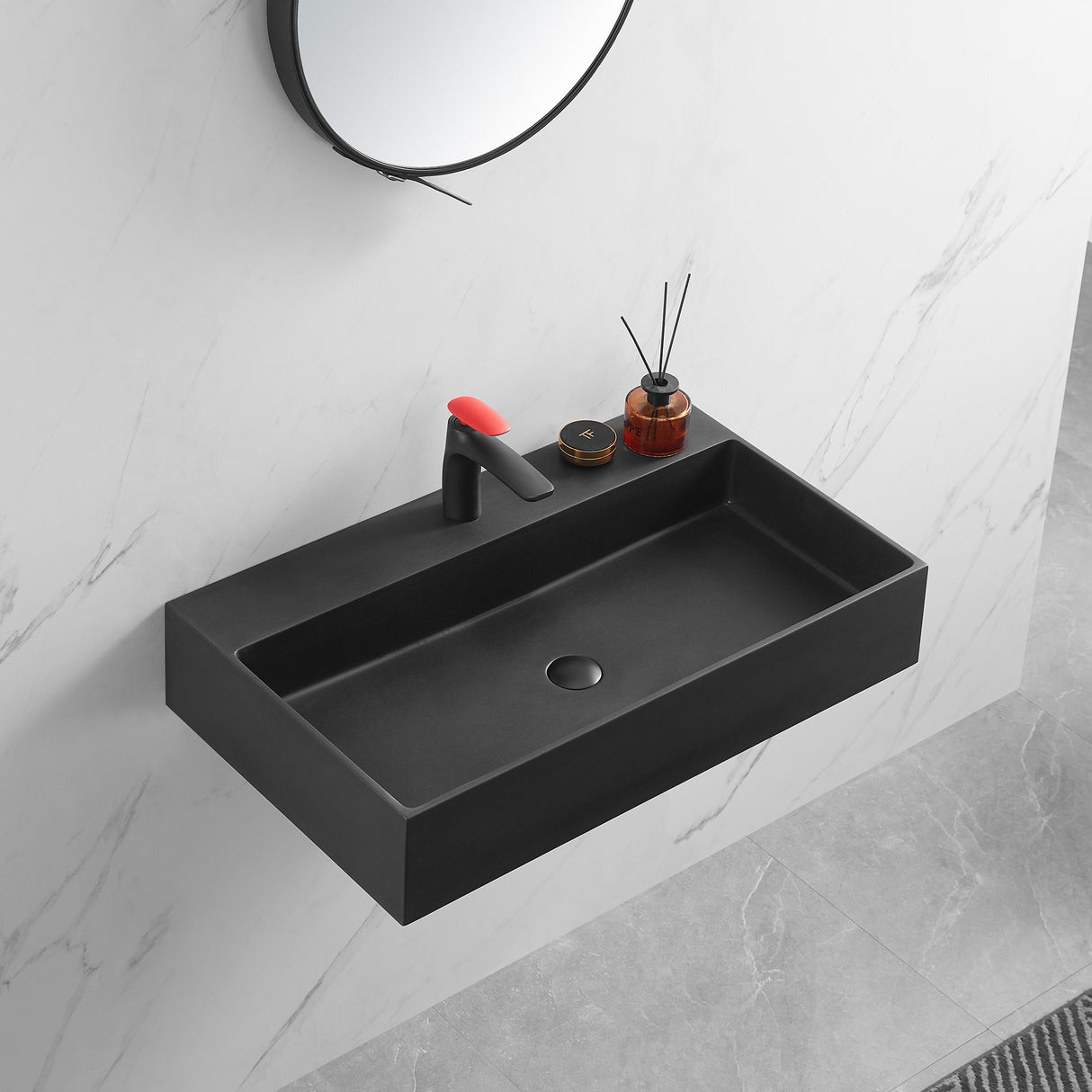 Bathroom sink, Wall-Mount or Countertop Install, 32" Composite Material in Matte Black with Single Faucet Hole， SVWS601-32BK