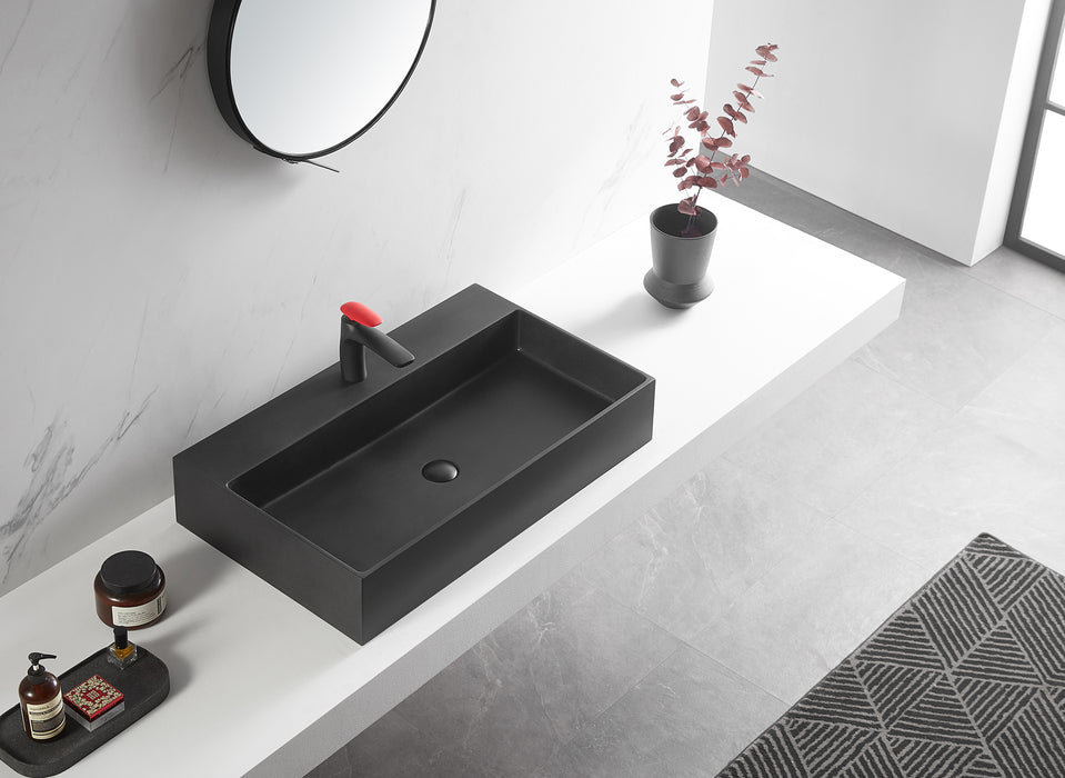 Bathroom sink, Wall-Mount or Countertop Install, 32" Composite Material in Matte Black with Single Faucet Hole， SVWS601-32BK