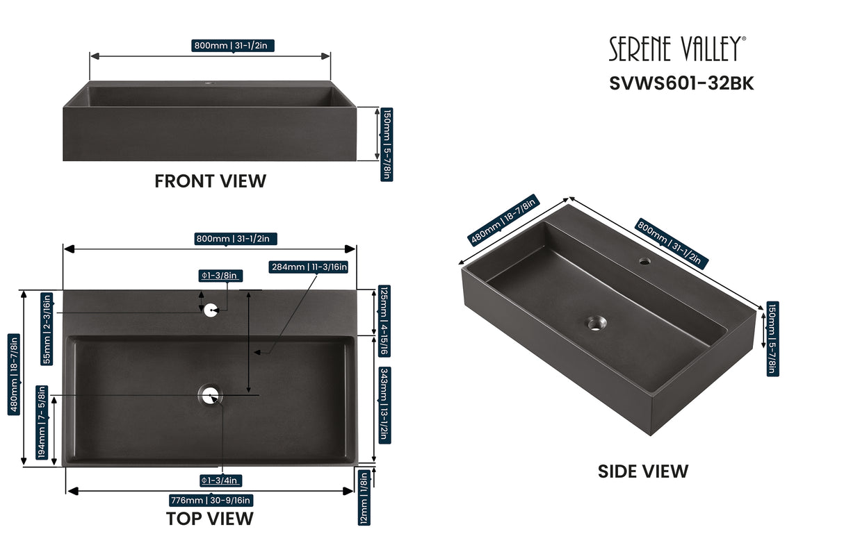 Bathroom sink, Wall-Mount or Countertop Install, 32" Composite Material in Matte Black with Single Faucet Hole， SVWS601-32BK