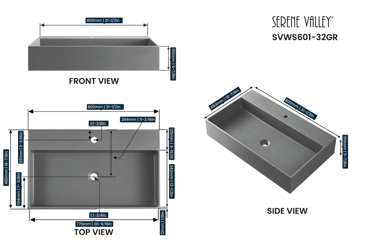 Bathroom sink, Wall-Mount or Countertop Install, 32" Composite Material in Matte Gray with Single Faucet Hole， SVWS601-32GR