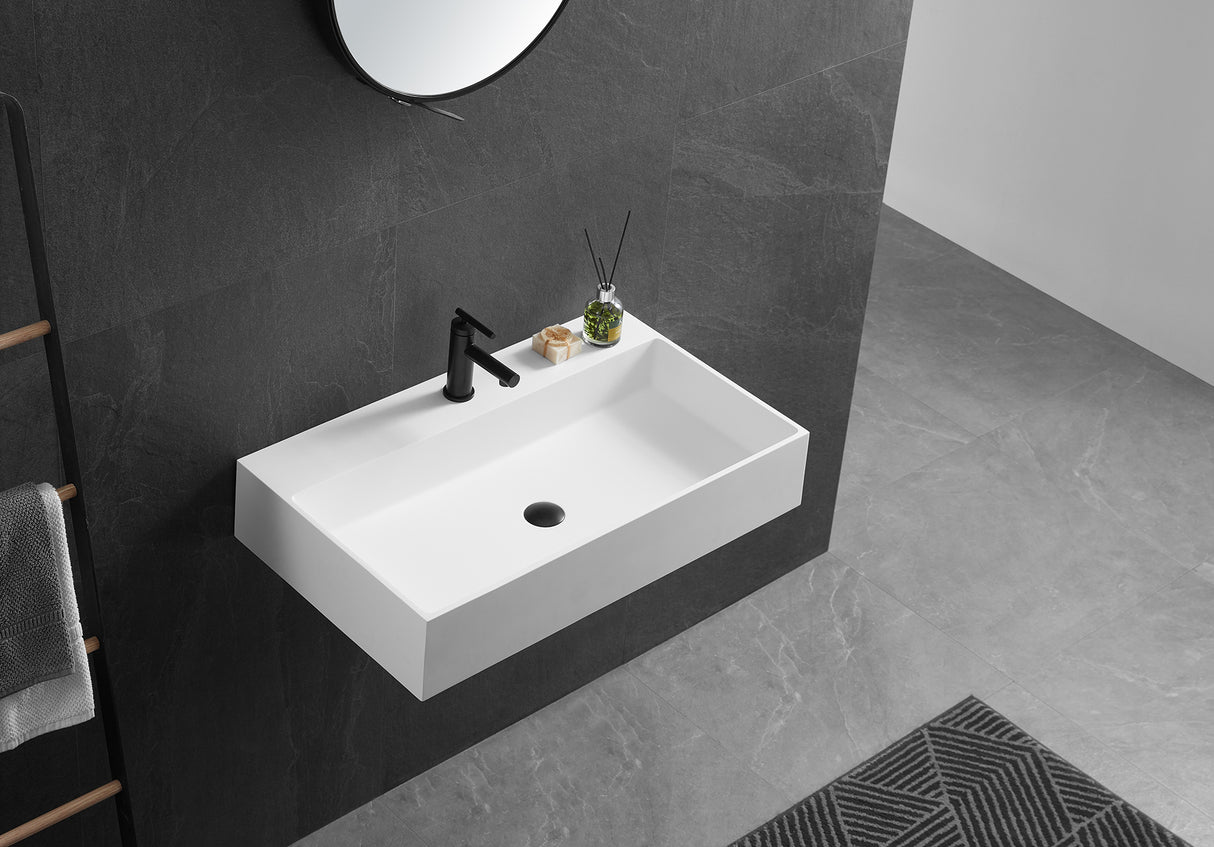 Bathroom sink, Wall-Mount or Countertop Install, 32" Solid Surface in Matte White with Single Faucet Hole， SVWS601-32WH