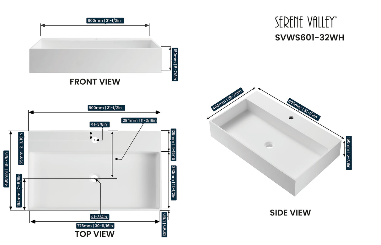 Bathroom sink, Wall-Mount or Countertop Install, 32" Solid Surface in Matte White with Single Faucet Hole， SVWS601-32WH